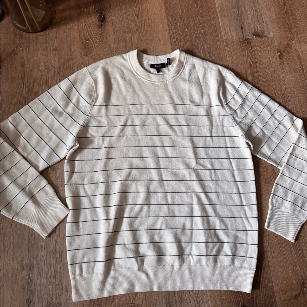 Theory Men's Wool White and Black Striped Crewneck Sweater - Picture 2 of 5